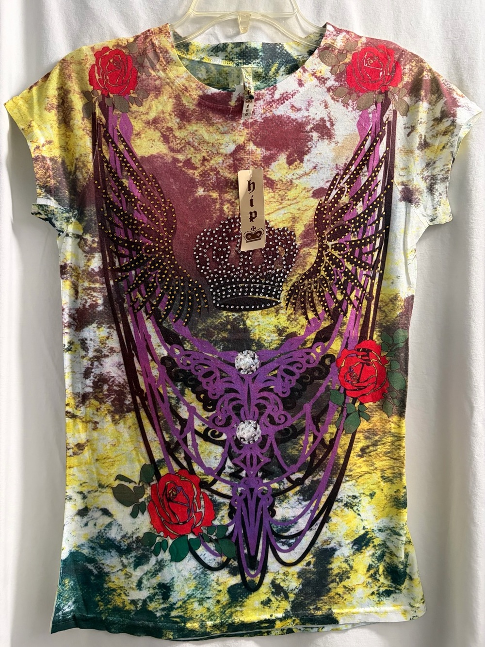 Embellished Crown & Wing Graphic Tee with Roses
